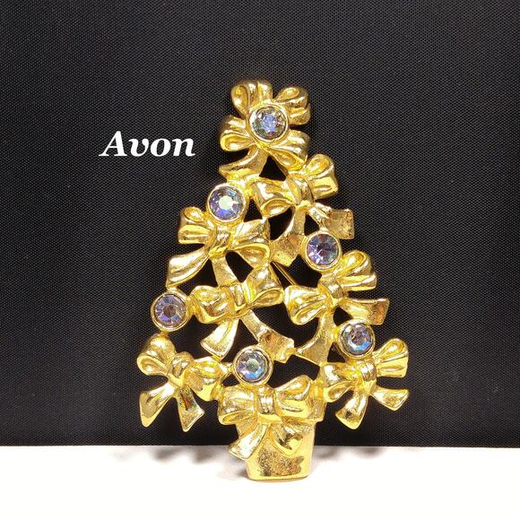 Avon Christmas Tree Brooch, Blue AB Rhinestones, Gold Tone 1960s Vintage Jewelry - Picture 1 of 10